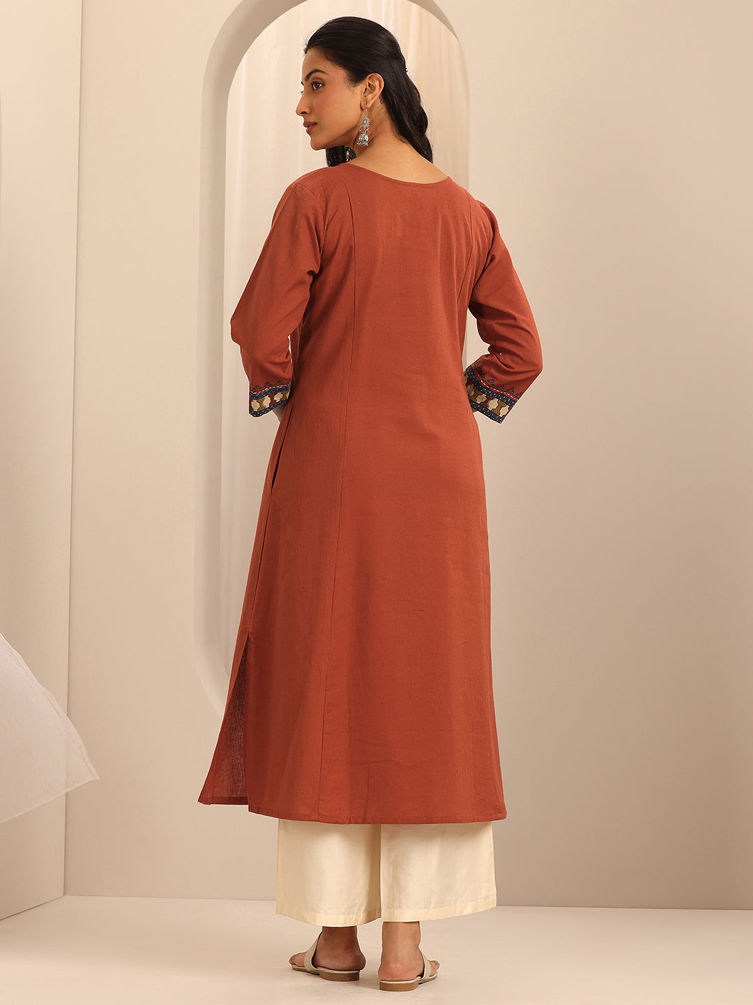 Rust Printed Cotton Blend A-Line Kurta