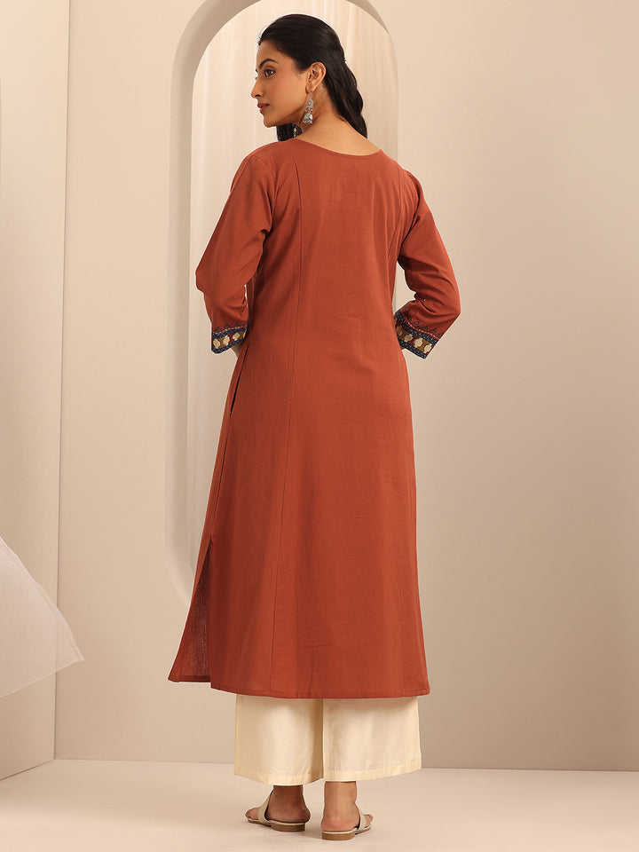 Rust Printed Cotton Blend A-Line Kurta