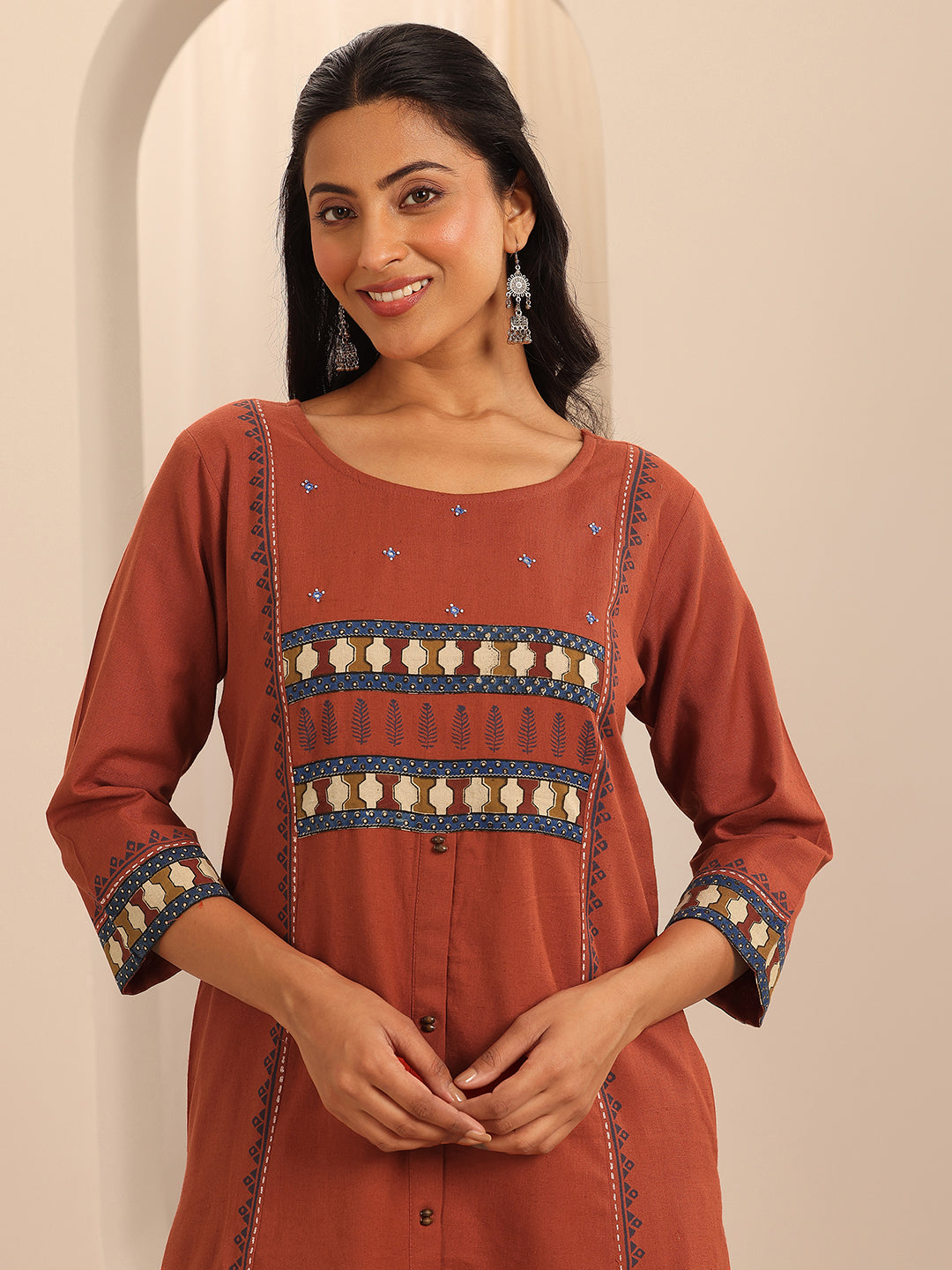 Rust Printed Cotton Blend A-Line Kurta
