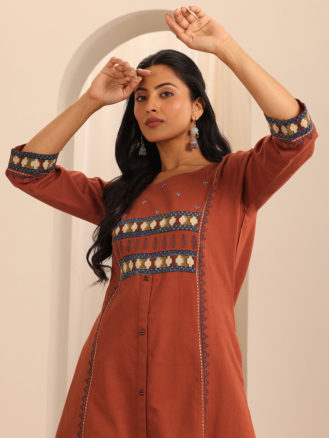 Rust Printed Cotton Blend A-Line Kurta