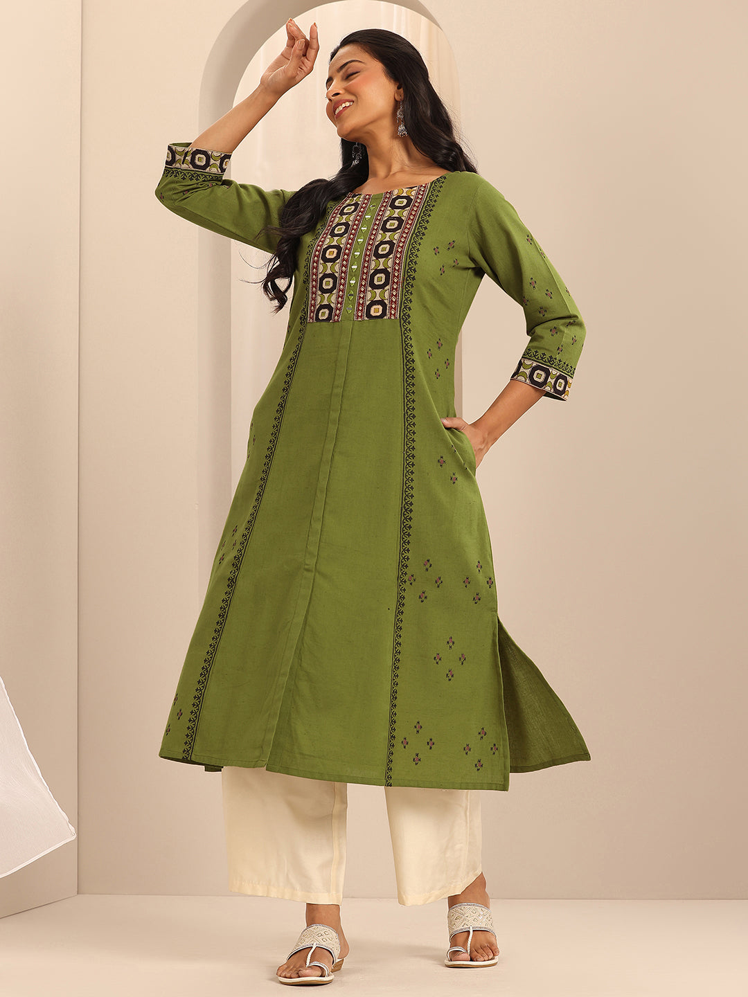 Olive Printed Cotton Blend A-Line Kurta
