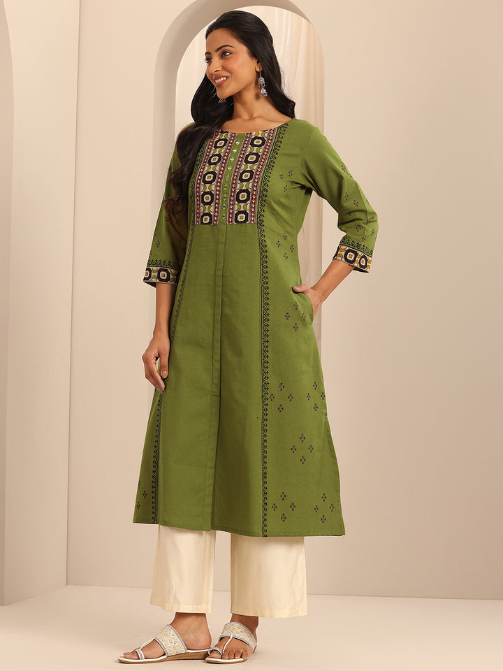 Olive Printed Cotton Blend A-Line Kurta