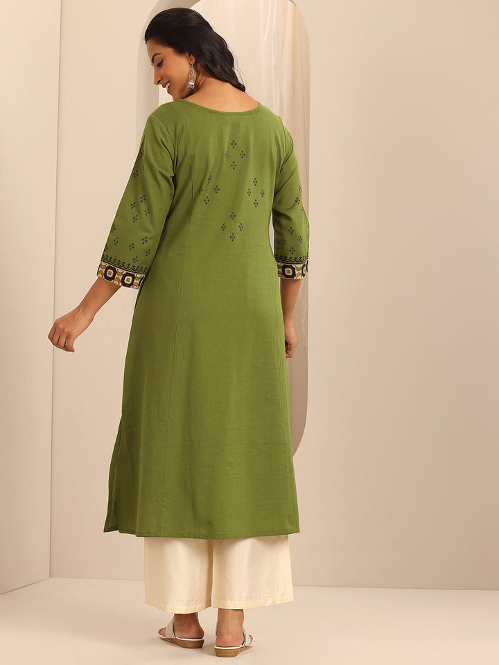 Olive Printed Cotton Blend A-Line Kurta