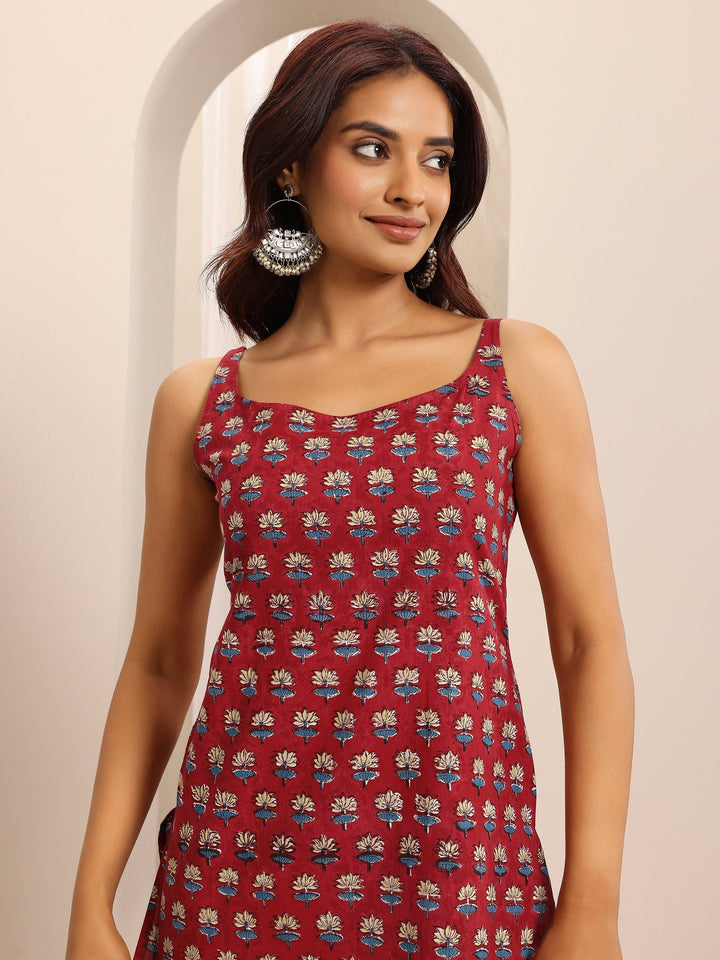 Red Printed Cotton Blend Straight Short Kurti