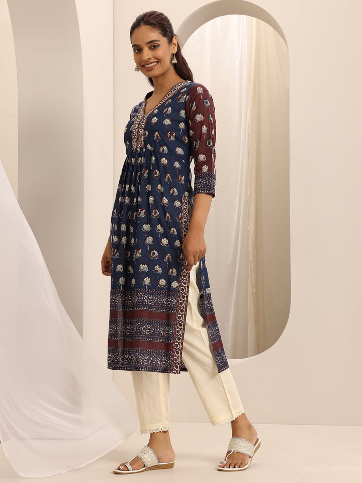 Navy blue Printed Cotton Blend Straight Kurta