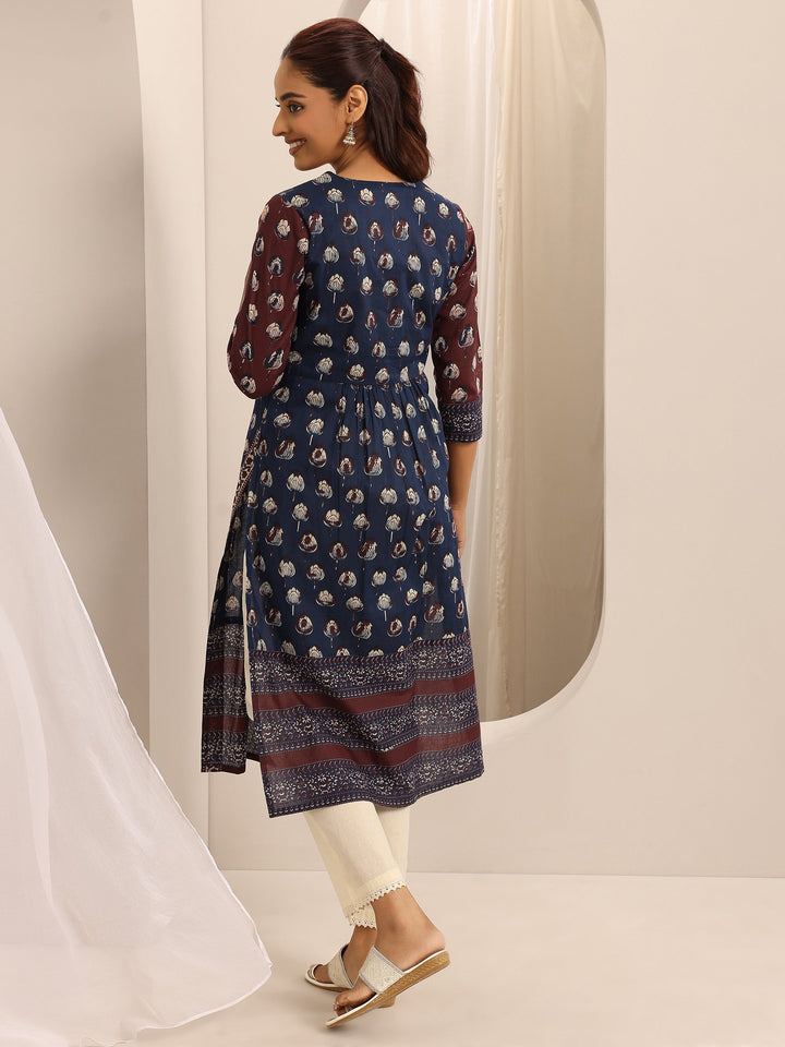 Navy blue Printed Cotton Blend Straight Kurta