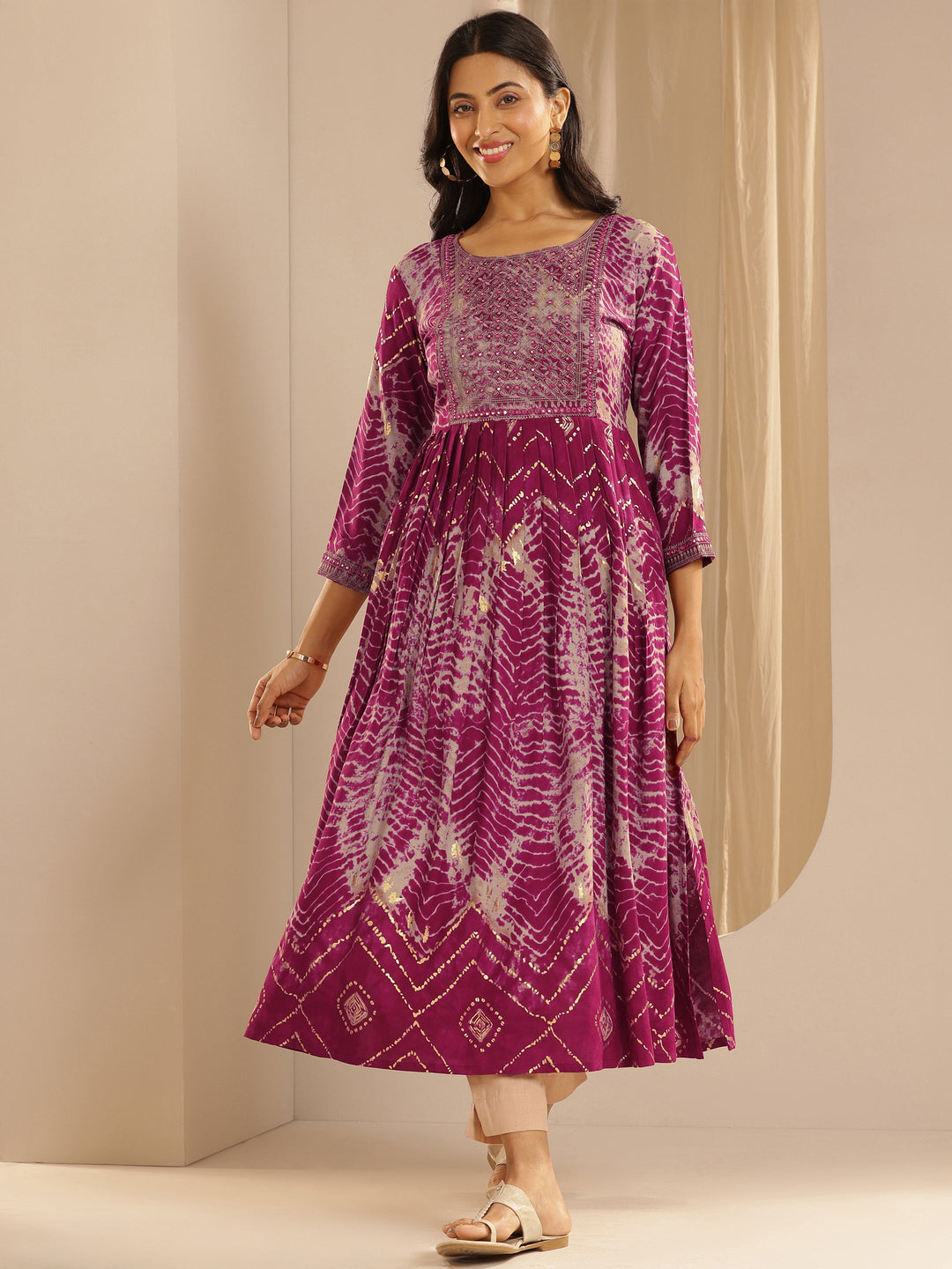 Pink Printed Rayon A-Line Kurta