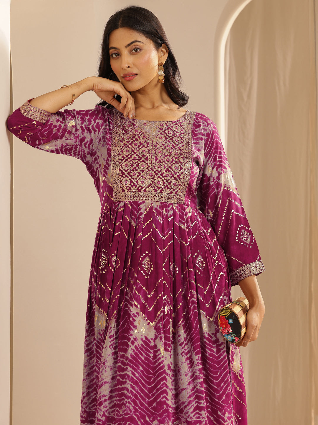 Pink Printed Rayon A-Line Kurta