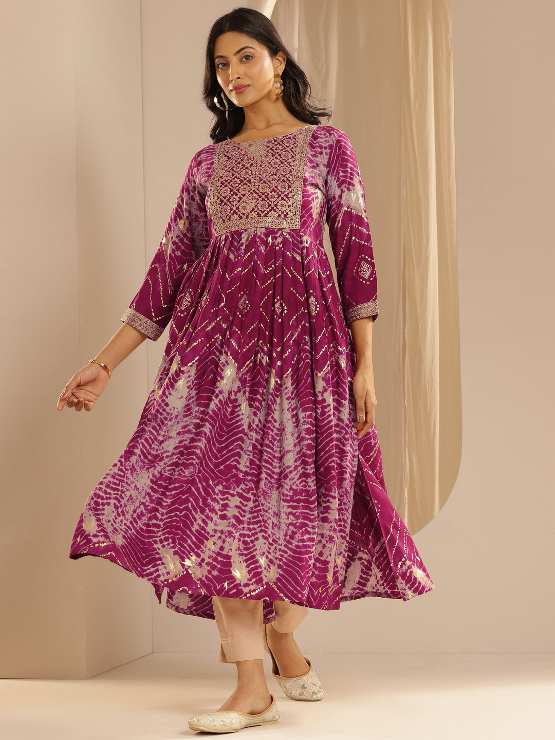 Pink Printed Rayon A-Line Kurta