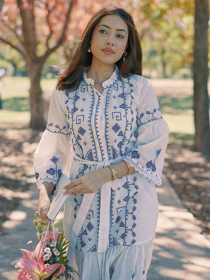 White Printed Cotton A-Line One Piece Dress