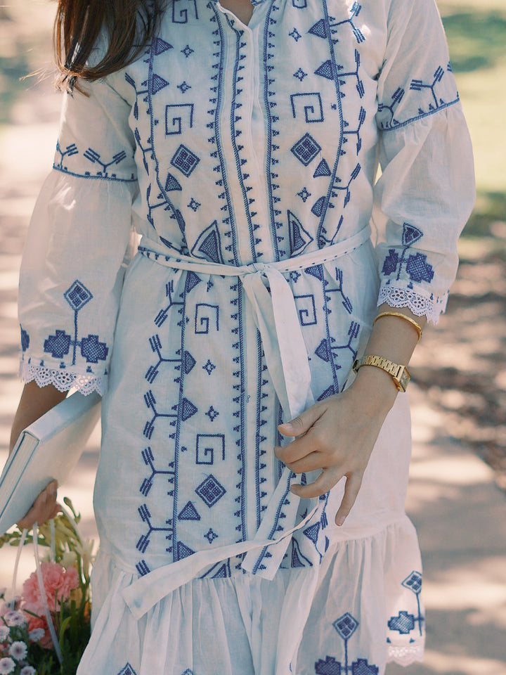 White Printed Cotton A-Line One Piece Dress