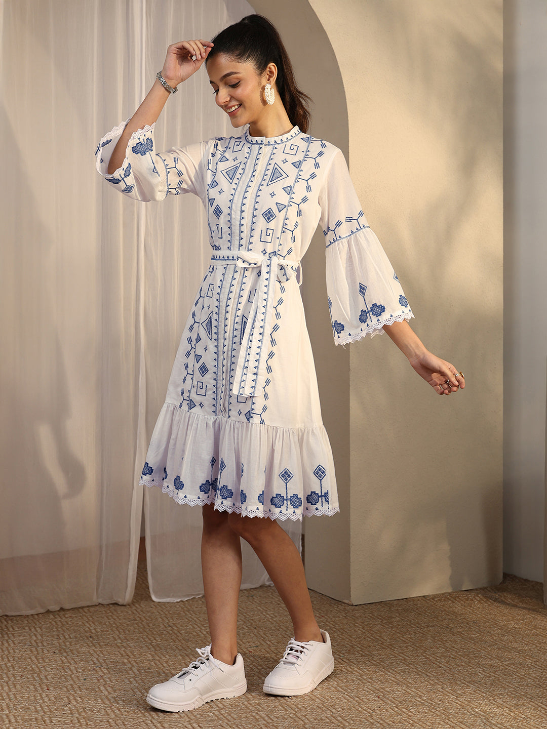 White Printed Cotton A-Line One Piece Dress