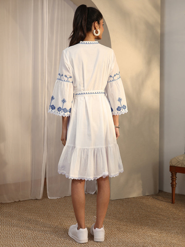 White Printed Cotton A-Line One Piece Dress