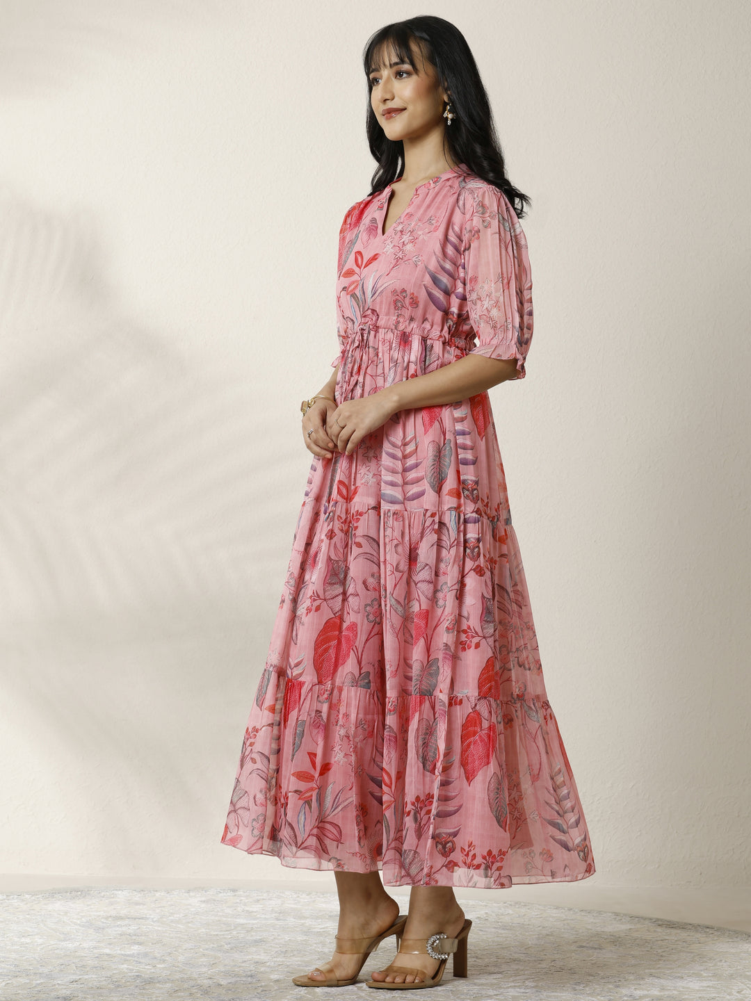 pink print dress with sleeves Pink Heart Print Cotton Babydoll Dress, Long Sleeve Mini