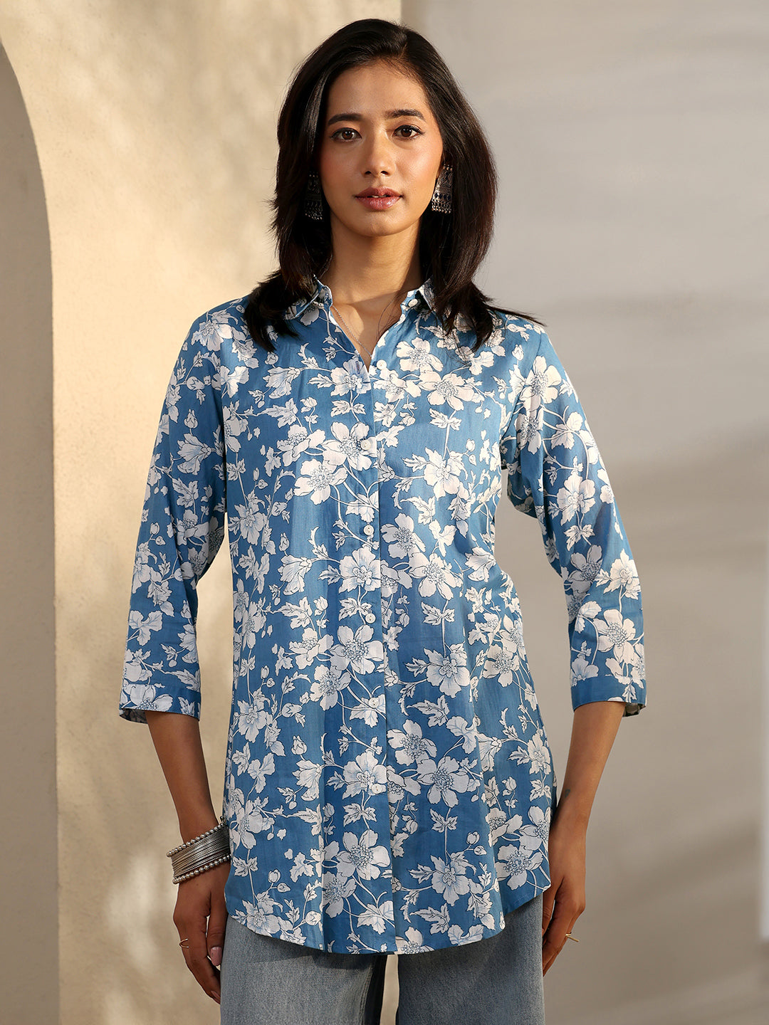 Blue Printed Cotton Straight Short Kurti