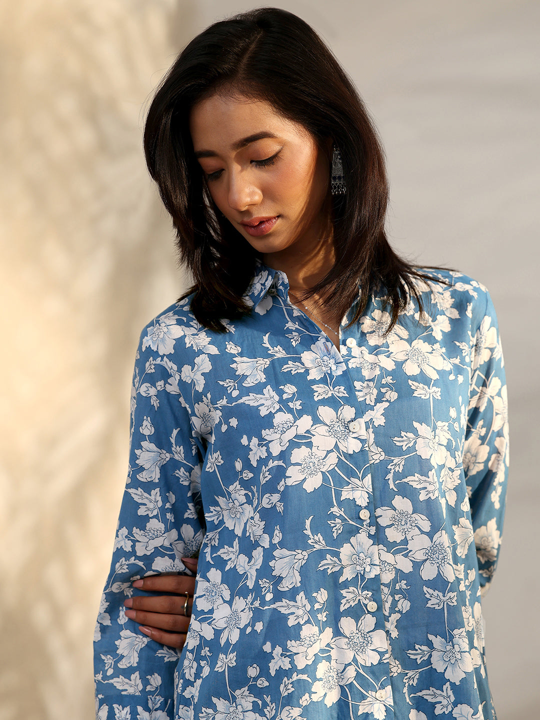 Blue Printed Cotton Straight Short Kurti
