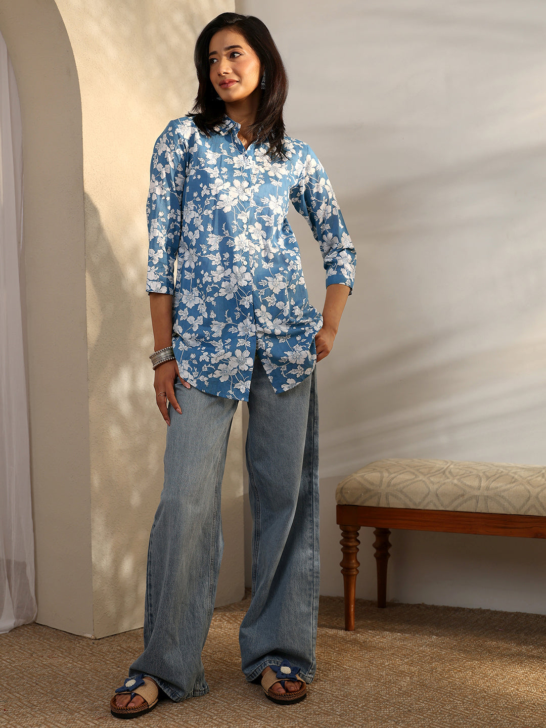 Blue Printed Cotton Straight Short Kurti