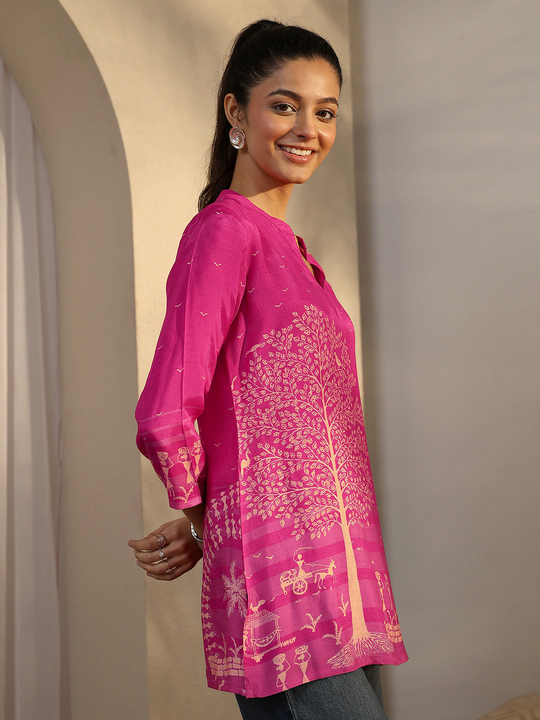 Pink Humanoid Printed Muslin Straight Short Kurti