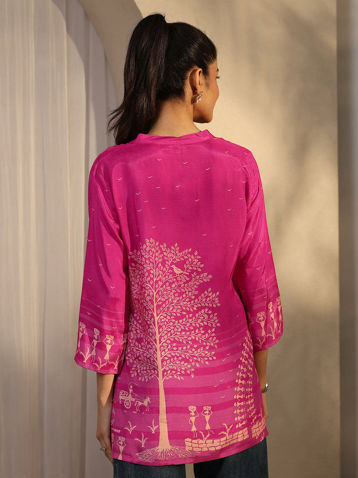 Pink Humanoid Printed Muslin Straight Short Kurti