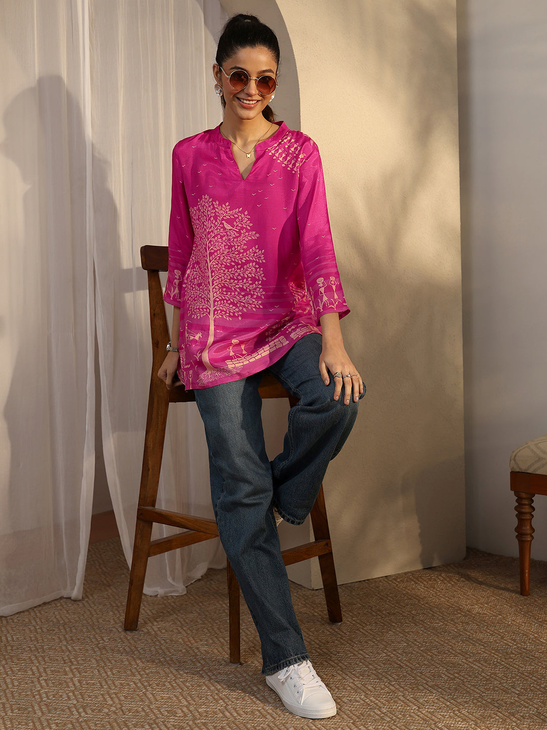 Pink Humanoid Printed Muslin Straight Short Kurti