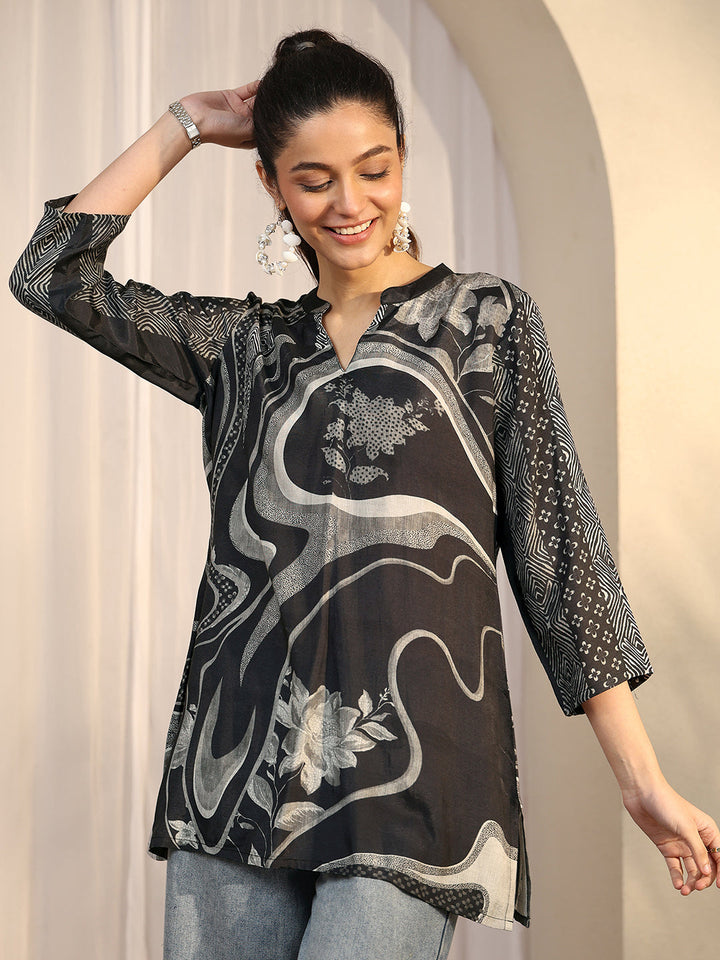 Black Printed Muslin Straight Short Kurti