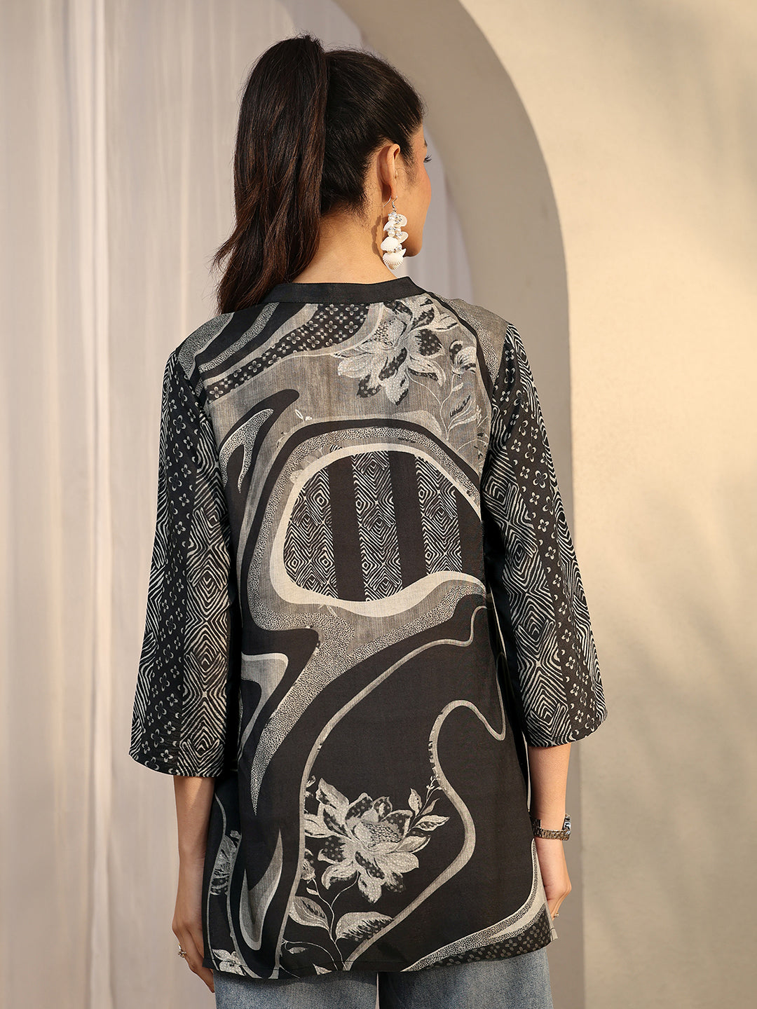 Black Printed Muslin Straight Short Kurti