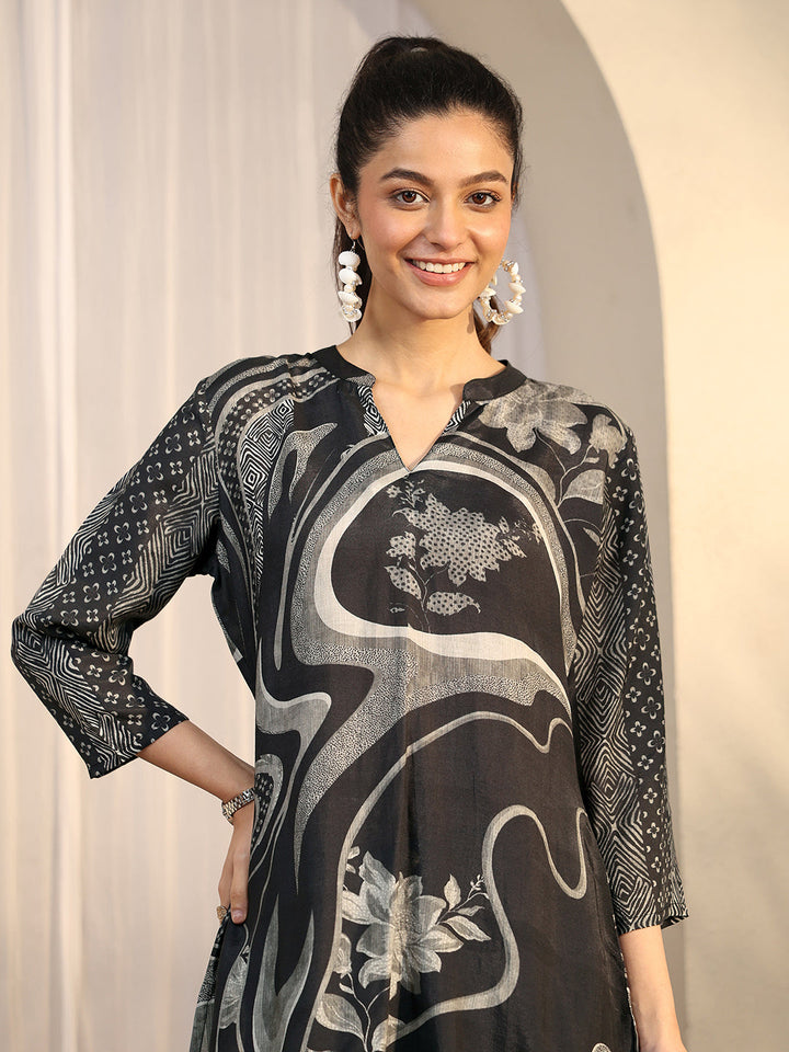 Black Printed Muslin Straight Short Kurti