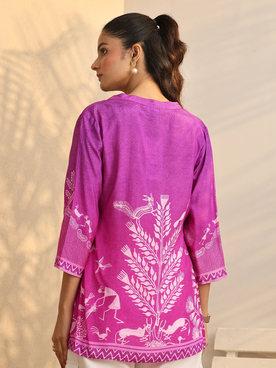 Pink Humanoid Printed Muslin Straight Short Kurti