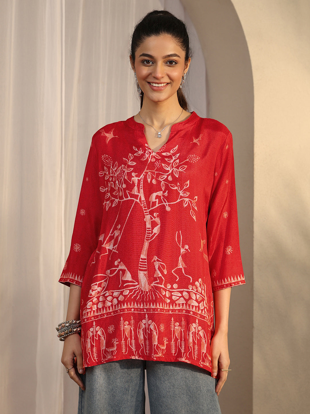 Orange Humanoid Printed Muslin Straight Short Kurti