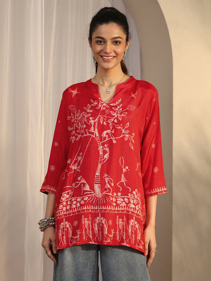 Orange Humanoid Printed Muslin Straight Short Kurti