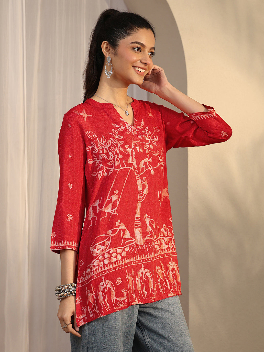 Orange Humanoid Printed Muslin Straight Short Kurti