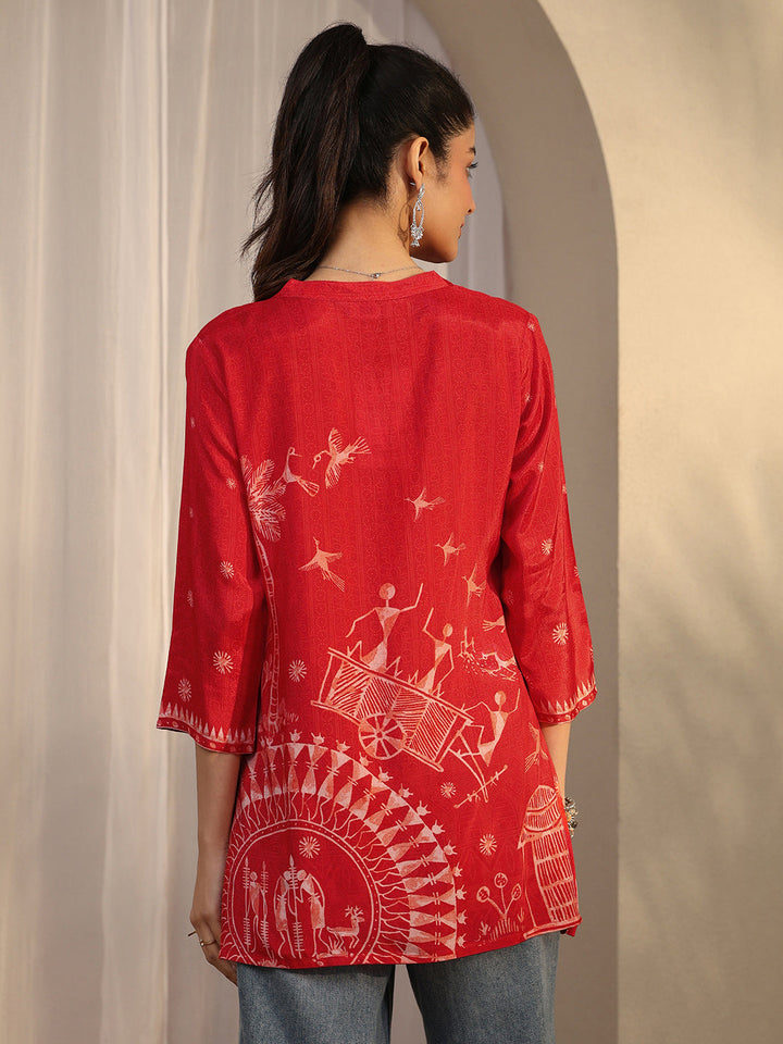 Orange Humanoid Printed Muslin Straight Short Kurti