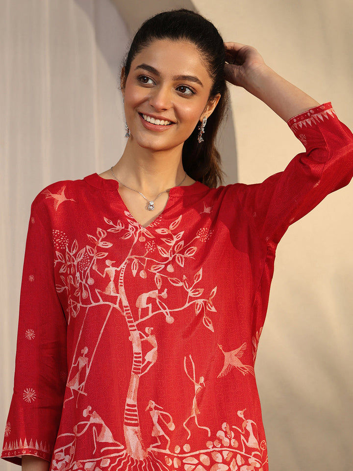 Orange Humanoid Printed Muslin Straight Short Kurti