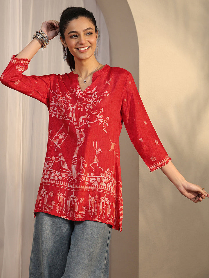 Orange Humanoid Printed Muslin Straight Short Kurti