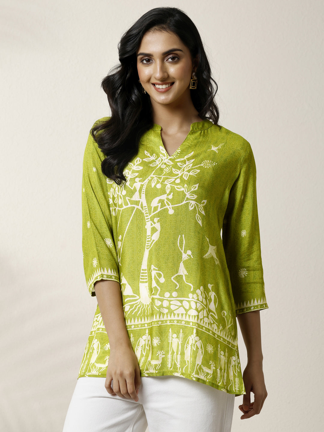 Green Humanoid Printed Muslin Straight Short Kurti