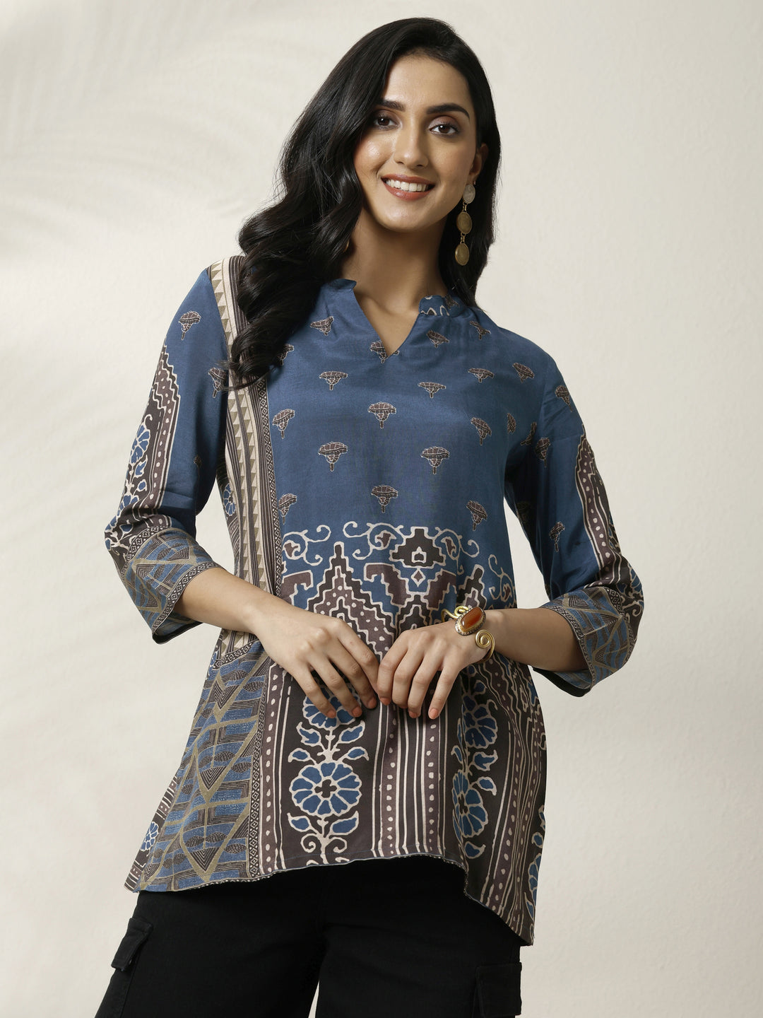 Navy Blue Block Printed Muslin Straight Short Kurti