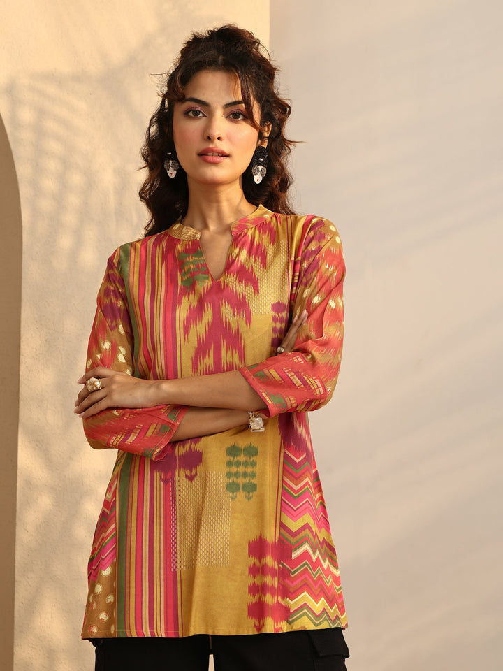 Mustard Chevron Printed Muslin Straight Short Kurti