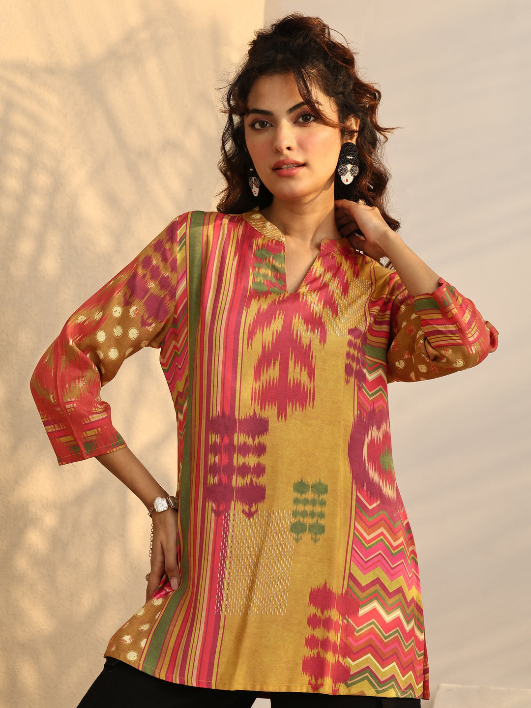 Mustard Chevron Printed Muslin Straight Short Kurti