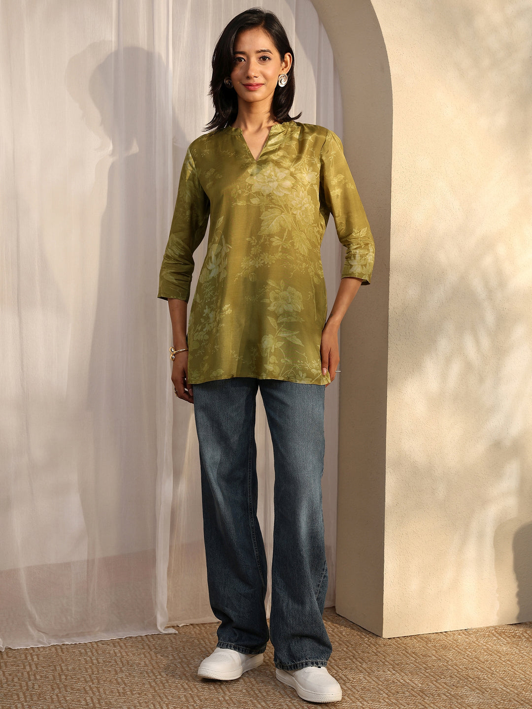 Olive Printed Muslin Straight Short Kurti