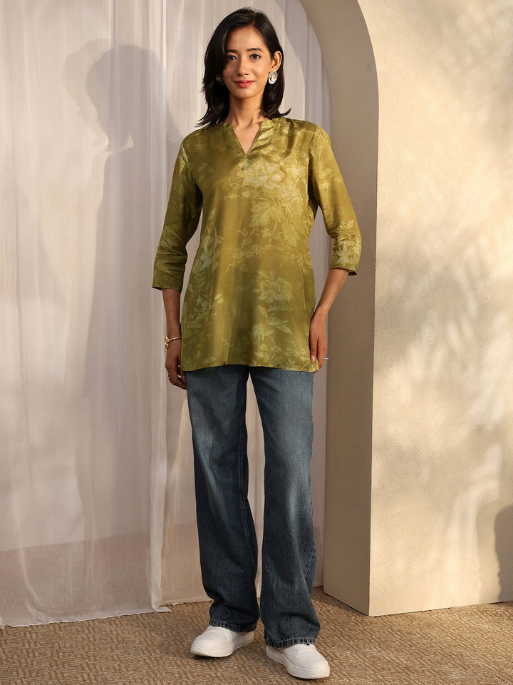 Olive Printed Muslin Straight Short Kurti