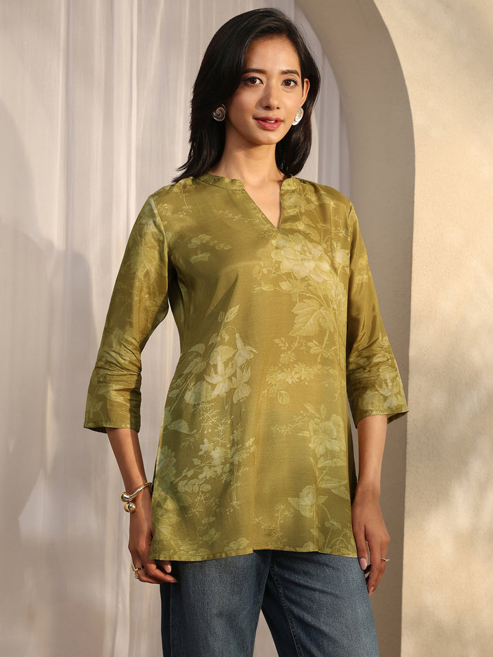 Olive Printed Muslin Straight Short Kurti