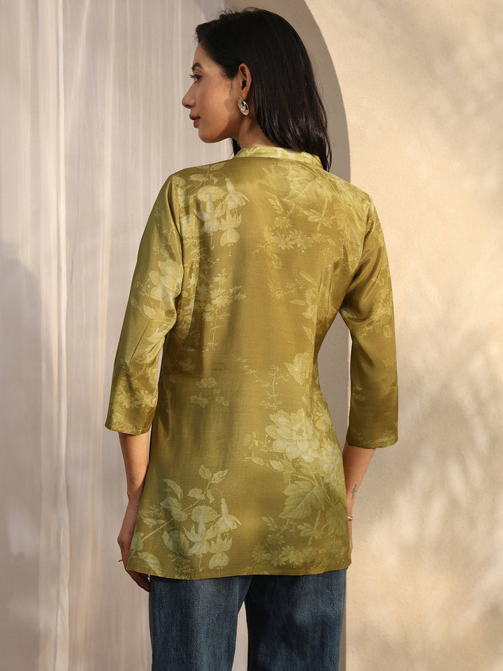 Olive Printed Muslin Straight Short Kurti