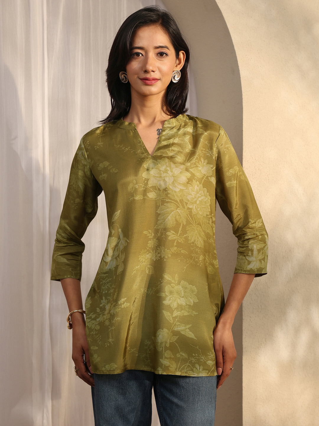 Olive Printed Muslin Straight Short Kurti