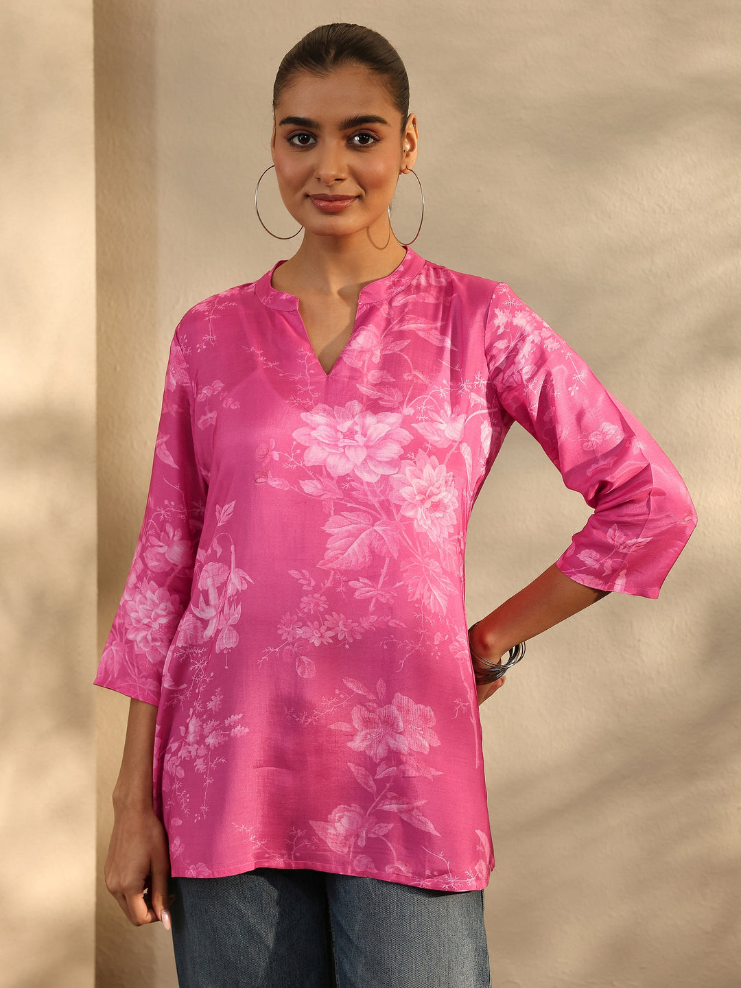 Pink Printed Muslin Straight Short Kurti