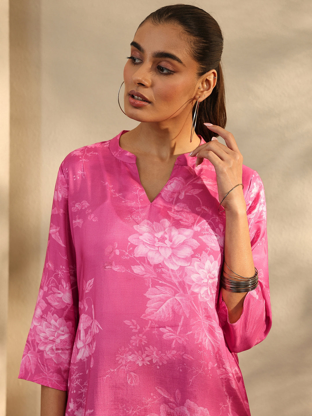 Pink Printed Muslin Straight Short Kurti