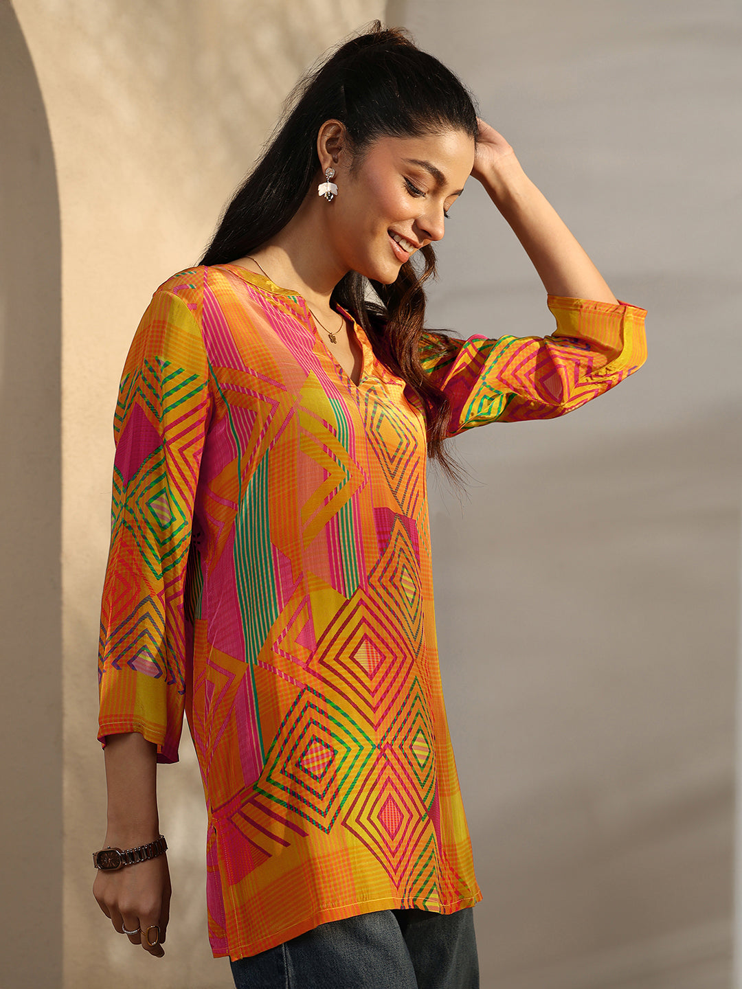 Mustard Geometric Printed Crepe Straight Short Kurti