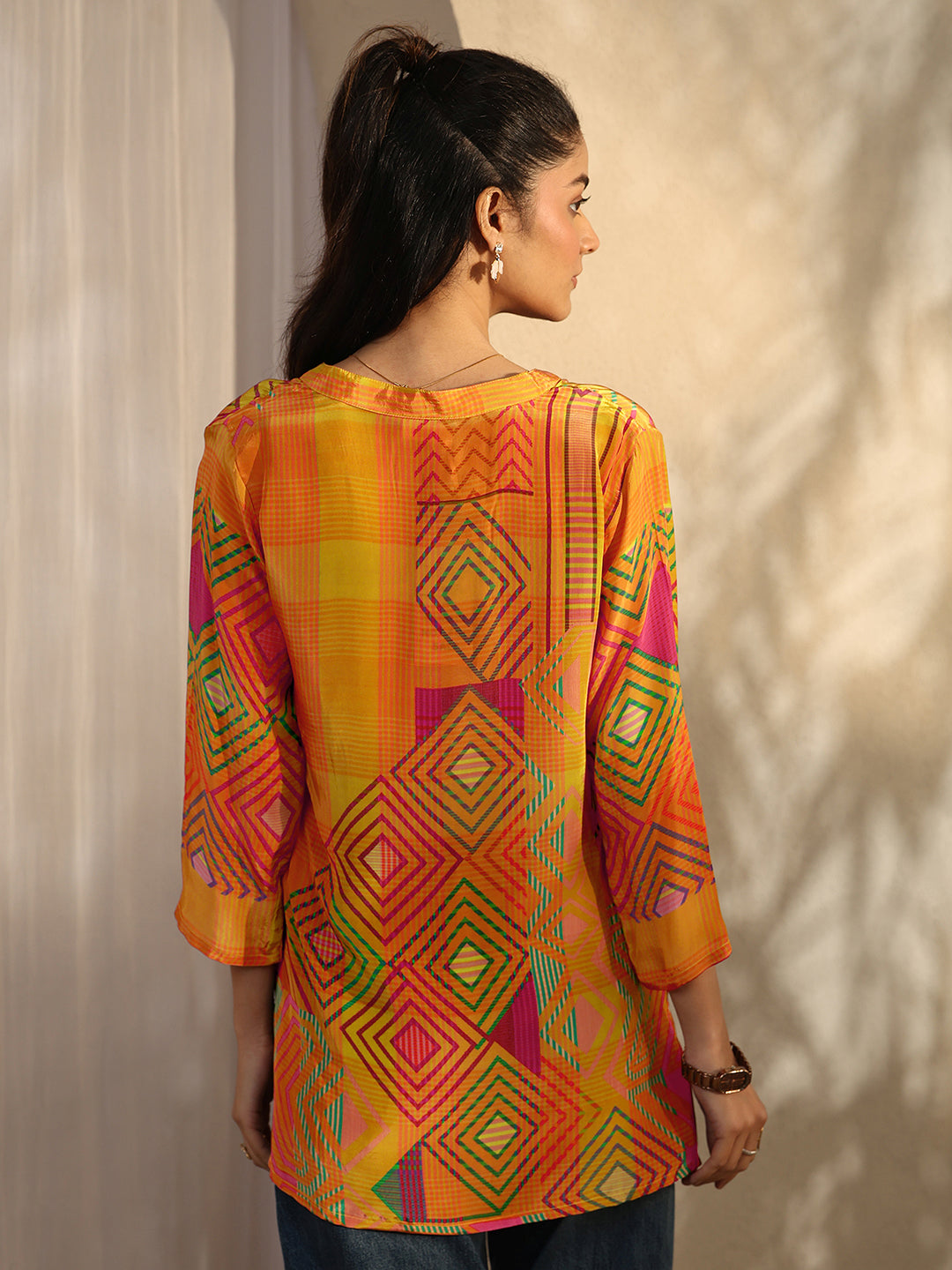 Mustard Geometric Printed Crepe Straight Short Kurti