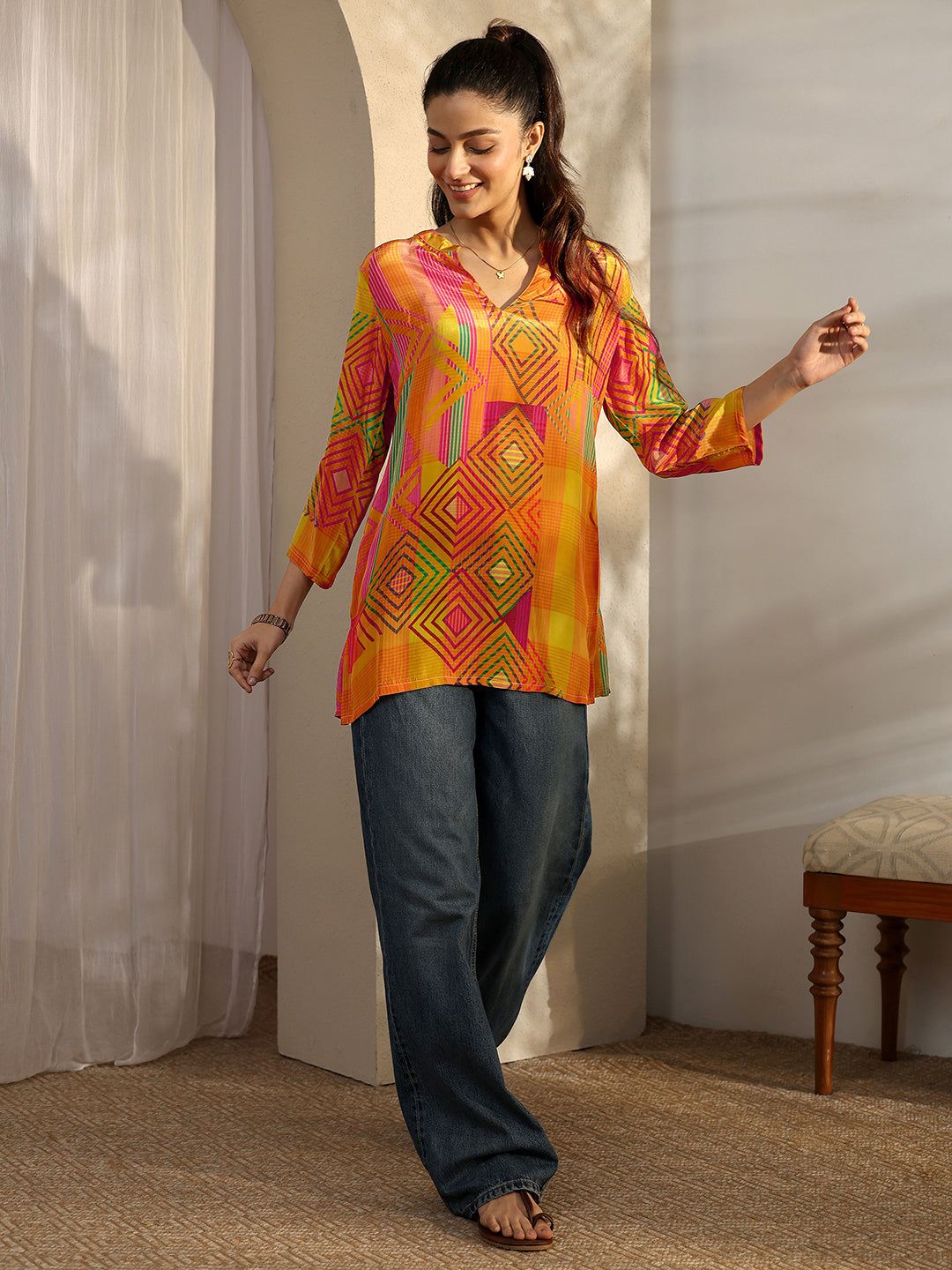 Mustard Geometric Printed Crepe Straight Short Kurti