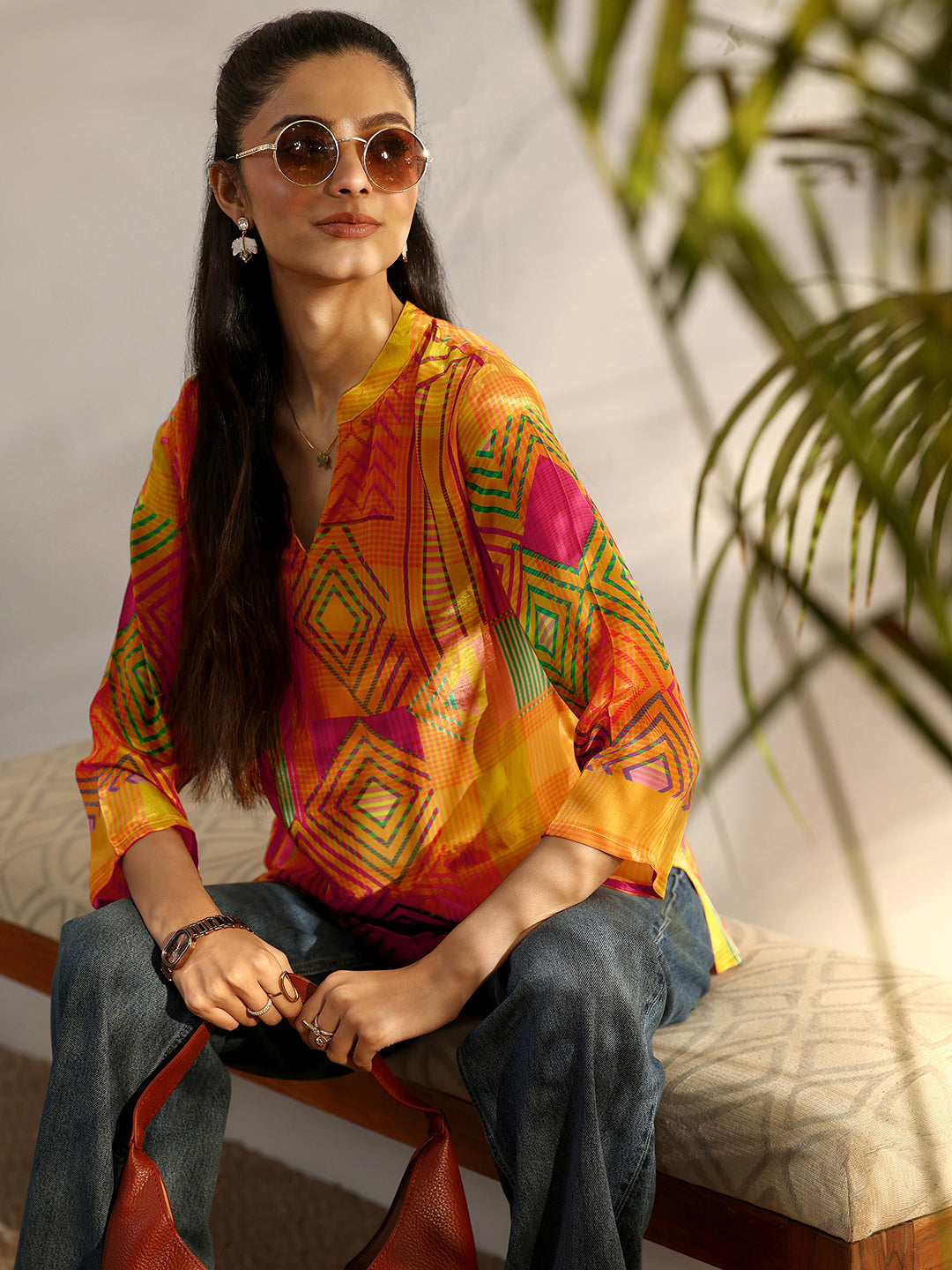 Mustard Geometric Printed Crepe Straight Short Kurti