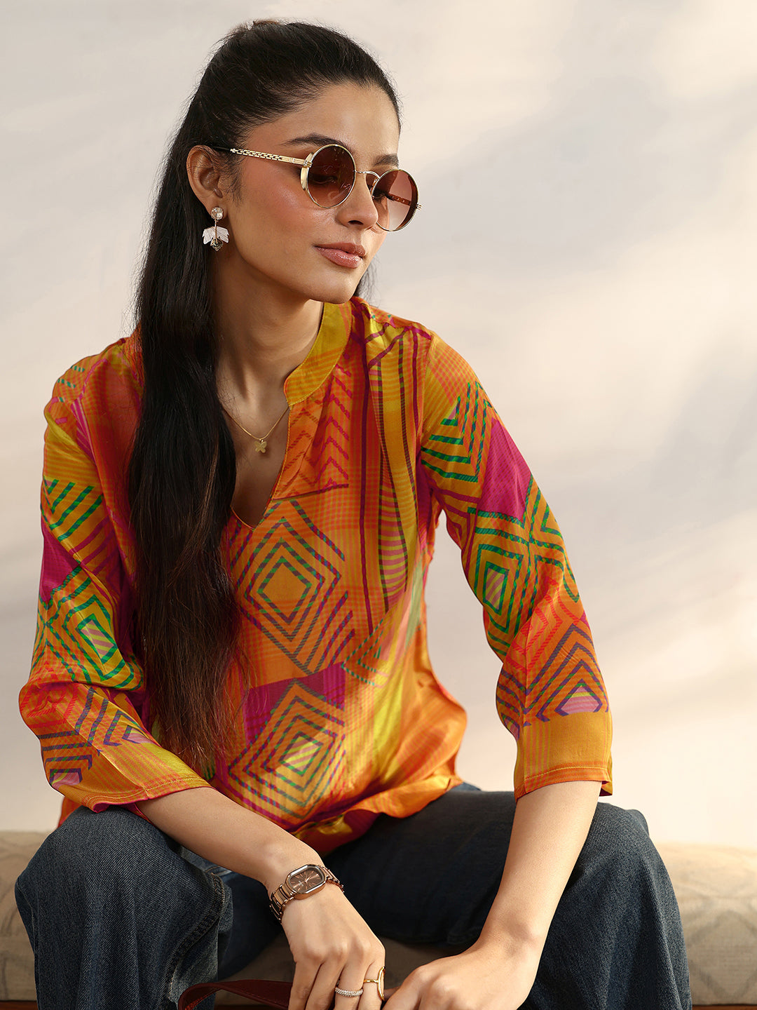 Mustard Geometric Printed Crepe Straight Short Kurti